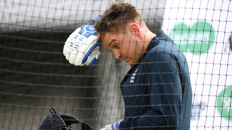 Jason Roy of England receives treatment after being hit by a ball during a nets session at Headingley on August 20, 2019 in Leeds, England.