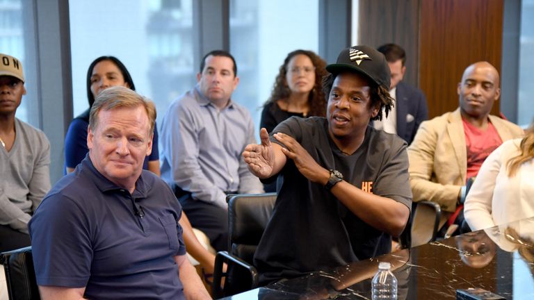 Jay-Z was fielding questions alongside NFL Commissioner Roger Goodell at his company's New York City headquarters