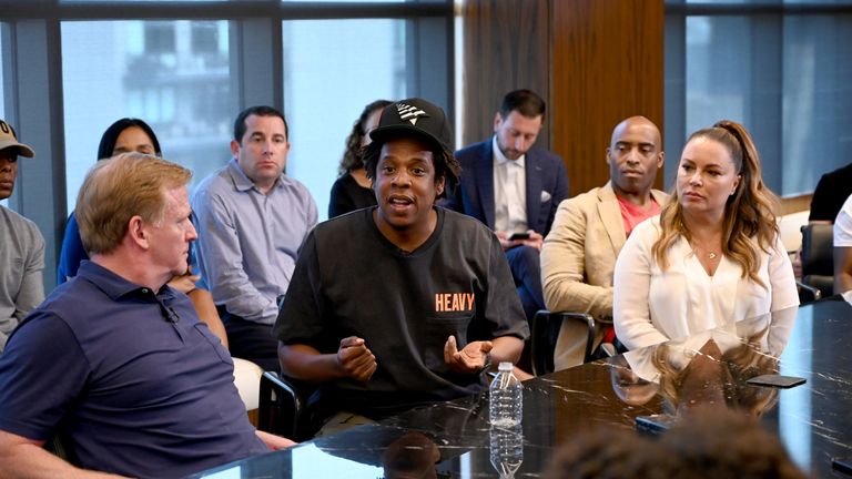 Jay-Z was fielding questions alongside NFL Commissioner Roger Goodell at his company&#39;s New York City headquarters