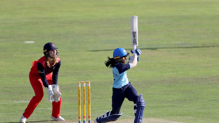 SCARBOROUGH, ENGLAND - AUGUST 23: Jemimah Rodrigues of Yorkshire Diamonds hits a 4 during the Kia Super League match between Yorkshire Diamonds and Lancashire Thunder at  on August 23, 2019 in Scarborough, England. (Photo by Richard Sellers/Getty Images)*** Jemimah Rodrigues*** 