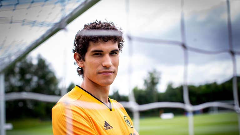 Wolves defender Jesus Vallejo poses after signing on loan from Real Madrid