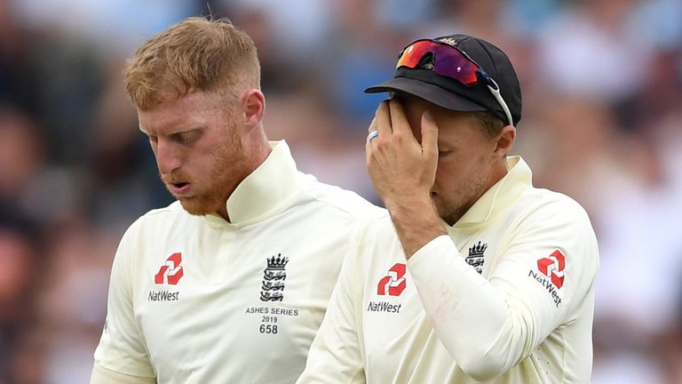 Ben Stokes and Joe Root of England during day four of the 1st Specsavers Ashes Test between England and Australia at Edgbaston on August 04, 2019 in Birmingham, England