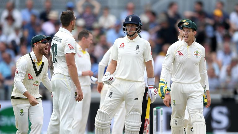 James Pattinson of Australia speaks to England captain Joe Root after the 3rd umpire overturns his dismissal during day two of the 1st Specsavers Ashes Test between England and Australia at Edgbaston on August 02, 2019