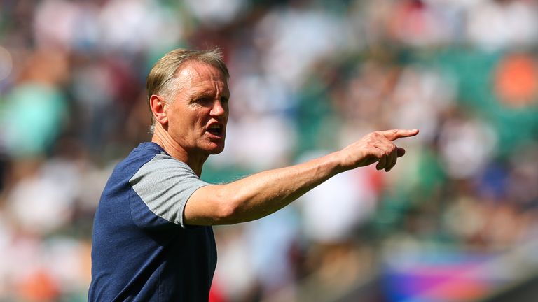 LONDON, ENGLAND - AUGUST 24: Ireland Head Coach Joe Schmidt shouts instructions during the pre match warm up ahead of the 2019 Quilter International match between England and Ireland at Twickenham Stadium on August 24, 2019 in London, England. (Photo by Craig Mercer/MB Media/Getty Images)