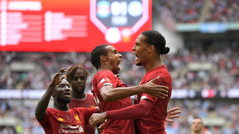 Joel Matip celebrates with Virgil van Dijk after scoring against Manchester City