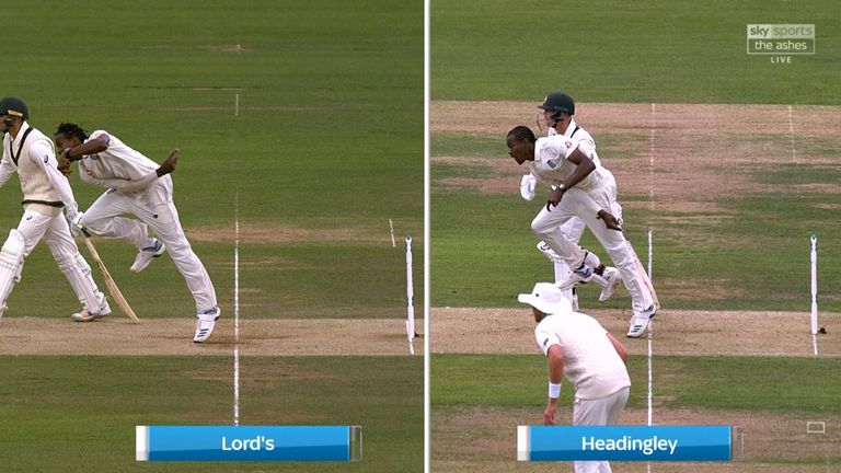 A split-screen of Archer's follow-through showing a comparison between Lord's and Headingley