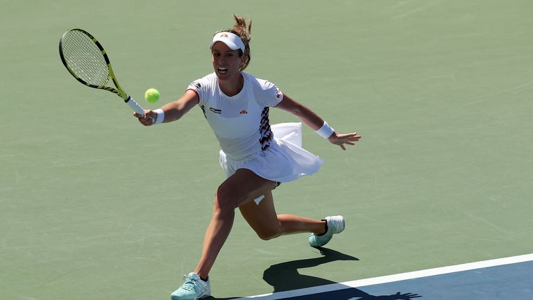 Johanna Konta of Great Britain returns the ball against Daria Kasatkina (not pictured) of Russia during their Women's Singles first round match during day one of the 2019 US Open at the USTA Billie Jean King National Tennis Center on August 26, 2019 in the Flushing neighborhood of the Queens borough of New York City. 