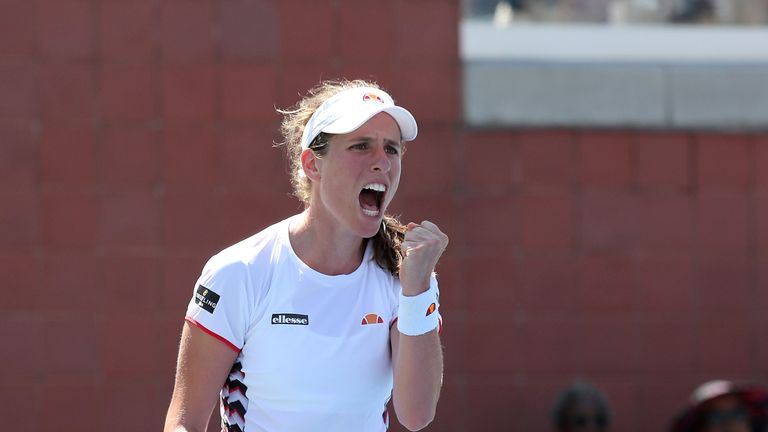 Johanna Konta of Great Britain celebrates after defeating Daria Kasatkina (not pictured) of Russia in their Women's Singles first round match during day one of the 2019 US Open at the USTA Billie Jean King National Tennis Center on August 26, 2019 in the Flushing neighborhood of the Queens borough of New York City