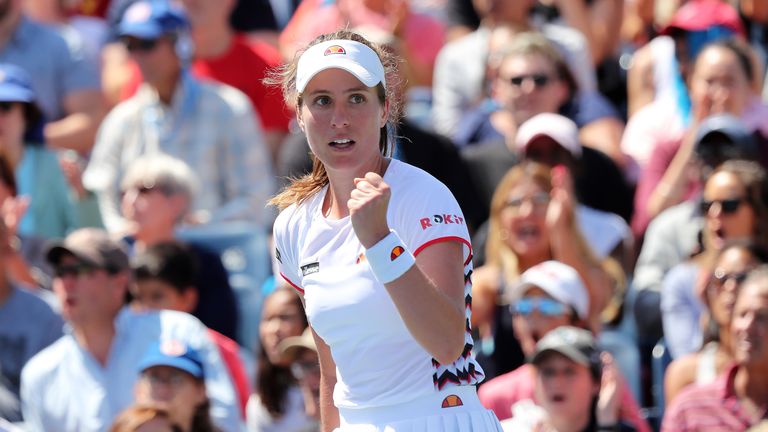 Johanna Konta of Great Britain celebrates a point against Daria Kasatkina (not pictured) of Russia in their Women's Singles first round match during day one of the 2019 US Open at the USTA Billie Jean King National Tennis Center on August 26, 2019 in the Flushing neighborhood of the Queens borough of New York City. 