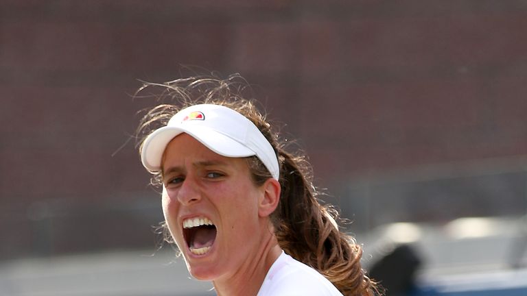 Johanna Konta of Great Britain reacts during her Women's Singles third round match against Shuai Zhang of China on day five of the 2019 US Open at the USTA Billie Jean King National Tennis Center on August 30, 2019 in Queens borough of New York City.