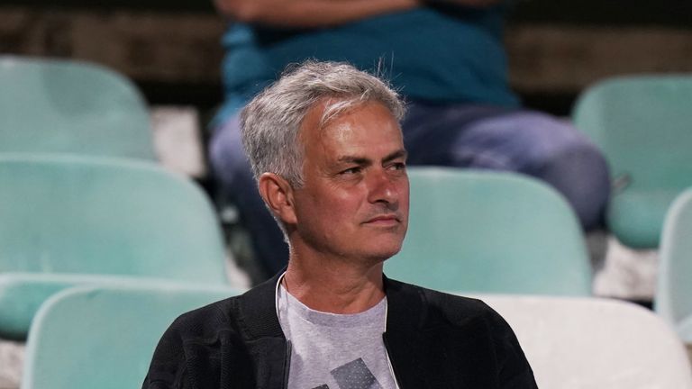 Jose Mourinho watches the Portuguese Primeira Liga match between Vitoria FC and CD Tondela at Estadio do Bonfim on August 12, 2019