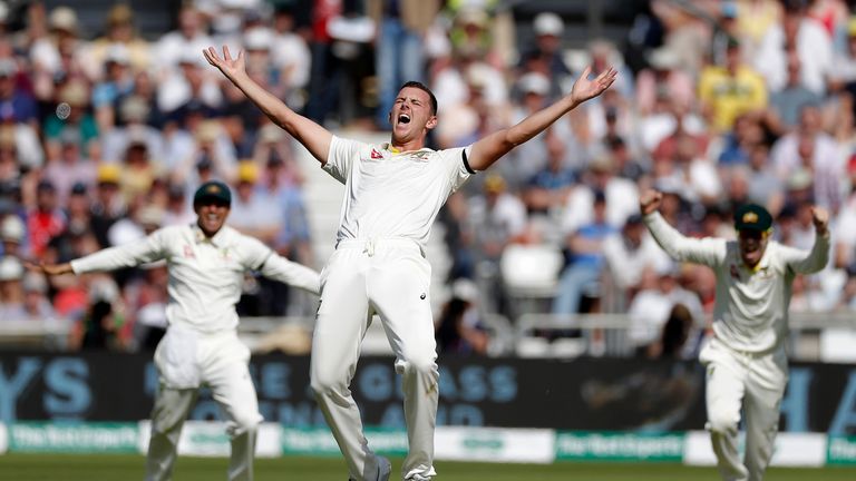 Josh Hazlewood celebrates taking the wicket of Joe Denly before the decision was reviewed and overturned