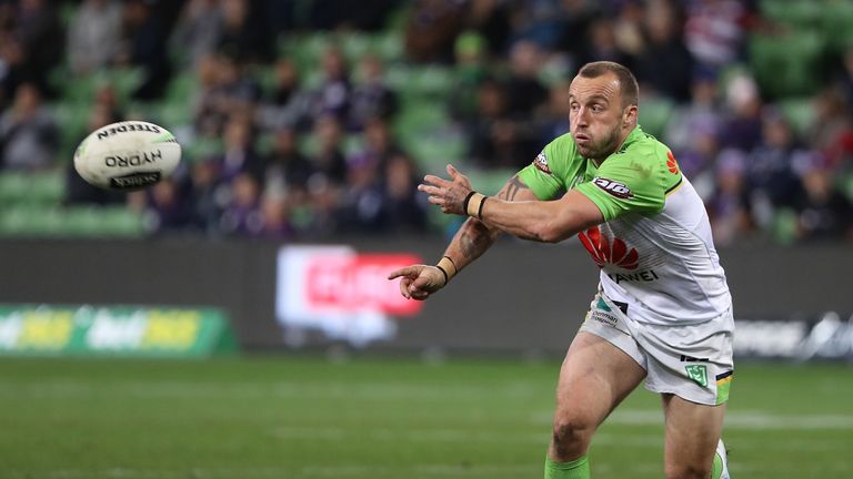 MELBOURNE, AUSTRALIA - AUGUST 17: Josh Hodgson of the Raiders runs with the ball during the round 22 NRL match between the Melbourne Storm and the Canberra Raiders at AAMI Park on August 17, 2019 in Melbourne, Australia. (Photo by Robert Cianflone/Getty Images)