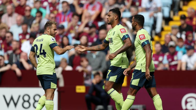 Josh King celebrates after giving Bournemouth an early lead at Villa Park
