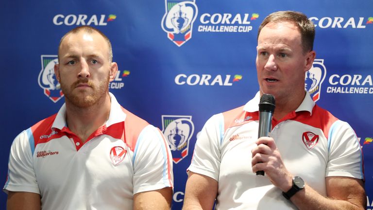 Picture by Paul Currie/SWpix.com - 19/08/2019 - Rugby League - Coral Challenge Cup Press Conference - Social 7, Manchester, England - St Helens head coach Justin Holbrook and James Roby during the press conference