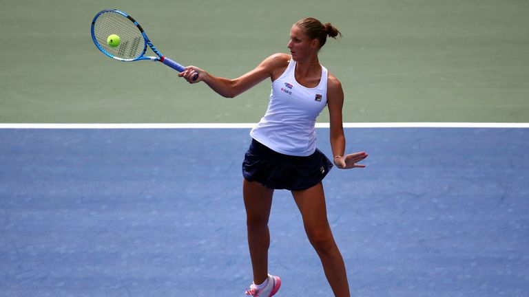 Karolina Pliskova hitting through a high ball at the Rogers Cup 