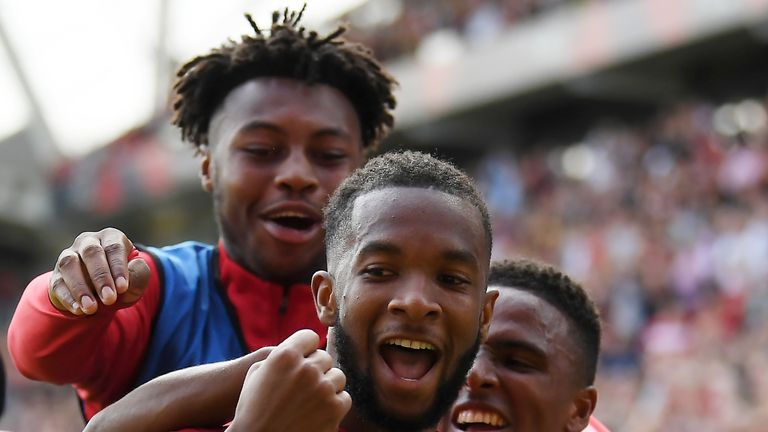 Kasey Palmer celebrates with team-mates after giving Bristol City the lead