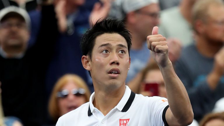 Kei Nishikori of Japan celebrates victory in his Men's Singles second round match against Bradley Klahn of the United States on day three of the 2019 US Open at the USTA Billie Jean King National Tennis Center on August 28, 2019 in the Flushing neighborhood of the Queens borough of New York City. 