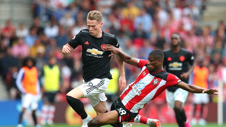 Kevin Danso fouls Scott McTominay resulting in the Southampton defender being sent off for a second bookable offence