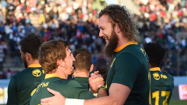 G Snyman and Kwagga Smith of South Africa celebrate after winning the Rugby Championship 2019 after a match between Argentina and South Africa as part of The Rugby Championship 2019 at Padre Ernesto Martearena Stadium on August 10, 2019 in Salta, Argentina. 