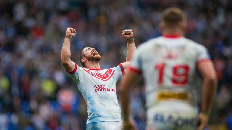 Picture by Isabel Pearce/SWpix.com - 27/07/2019 - Rugby League - Coral Challenge Cup Semi Final - St Helens v Halifax RLFC - University of Bolton Stadium, Bolton, England - Kyle Amor of St Helens celebrates the win.