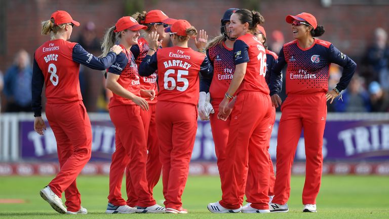 TAUNTON, ENGLAND - AUGUST 10: Lancashire Thunder celebrate the wicket of Sophie Luff of Western Storm during the Kia Super League match between Western Storm and Lancashire Thunder at The Cooper Associates County Ground on August 10, 2019 in Taunton, England. (Photo by Alex Davidson/Getty Images)
