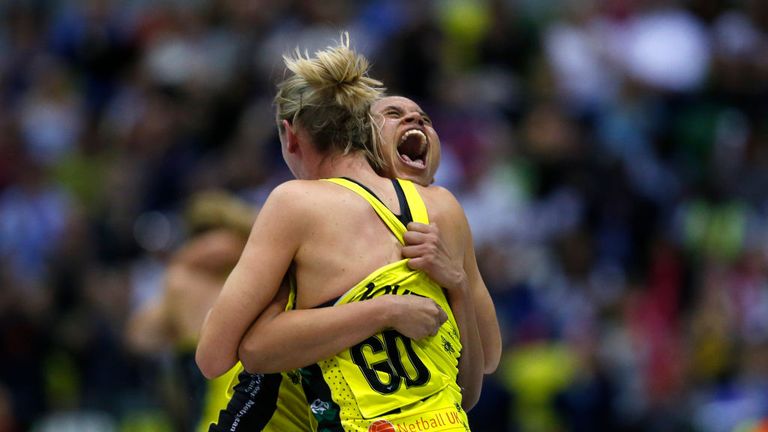 Laura Malcolm (L) celebrating winning the Vitality Netball Superleague Grand Final