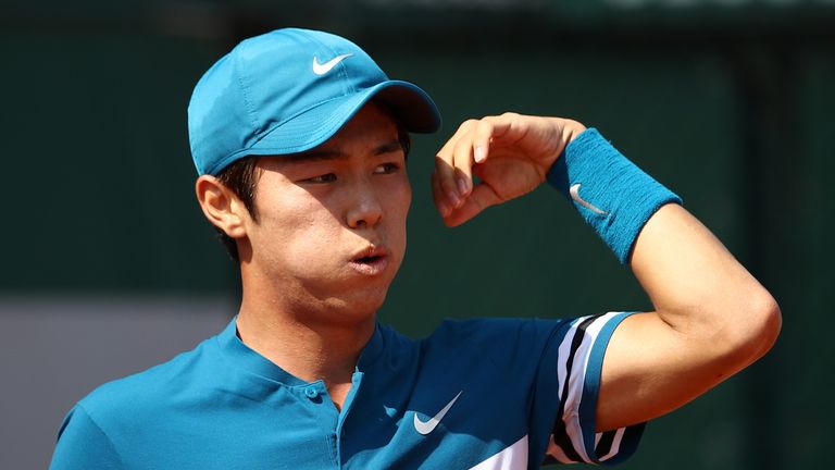 Lee Duck-hee of Korea looks on during his third round mens qualifying singles match against Jaume Munar of Spain at Roland Garros on May 25, 2018 in Paris, France