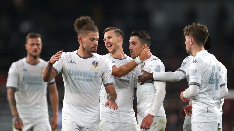 Kalvin Phillips celebrates with Leeds team-mates in pre-season