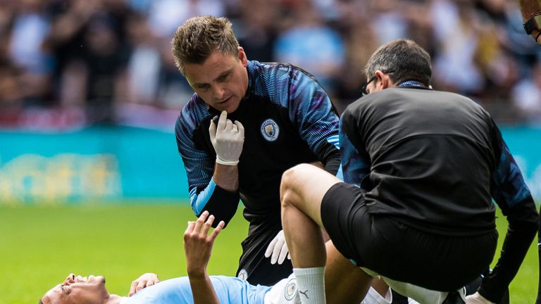 Leroy Sane receives treatment during the Community Shield