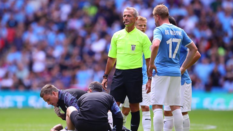 LONDON, ENGLAND - AUGUST 04: Leroy Sane of Manchester City receives treatment during the FA Community Shield match between Liverpool and Manchester City at Wembley Stadium on August 4, 2019 in London, England. (Photo by Chris Brunskill/Fantasista/Getty Images)
