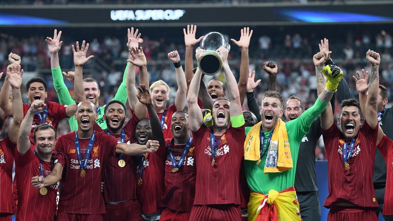 Liverpool celebrate their Super Cup triumph 