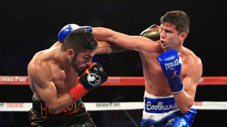 Jorge Linares of Venezuela exchanges punches with Luke Campbell of Great  Britain during their WBA lightweight title bout at The Forum on September 23, 2017 in Inglewood, California.