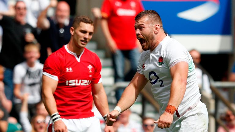 Luke Cowan-Dickie celebrates after scoring for England in their World Cup warm-up against Wales on 11 August 2019