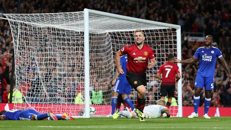 Luke Shaw celebrates during the Premier League match between Manchester United and Leicester City at Old Trafford on August 10, 2018 in Manchester, United Kingdom.