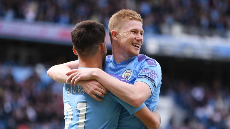 Kevin De Bruyne celebrates his first goal of the season against Brighton