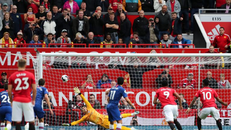 MANCHESTER, ENGLAND - AUGUST 11: Marcus Rashford of Manchester United scores a goal to make it 1-0 during the Premier League match between Manchester United and Chelsea FC at Old Trafford on August 11, 2019 in Manchester, United Kingdom. (Photo by Matthew Ashton - AMA/Getty Images)