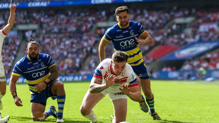 St Helens' Mark Percival has a try disallowed during the Coral Challenge Cup Final at Wembley Stadium, London. PRESS ASSOCIATION Photo. Picture date: Saturday August 24, 2019. See PA story RUGBYL Final. Photo credit should read: Paul Harding/PA Wire. RESTRICTIONS: Editorial use only. No commercial use. No false commercial association. No video emulation. No manipulation of images.