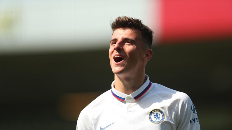 Mason Mount of Chelsea celebrates during the Premier League match between Norwich City and Chelsea FC at Carrow Road on August 24, 2019 in Norwich, United Kingdom