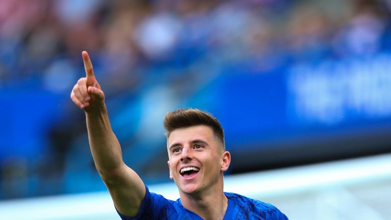 LONDON, ENGLAND - AUGUST 18: Mason Mount of Chelsea celebrates scoring the opening goal during the Premier League match between Chelsea FC and Leicester City at Stamford Bridge on August 18, 2019 in London, United Kingdom. (Photo by Craig Mercer/MB Media/Getty Images)