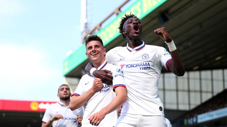 Mason Mount and Tammy Abraham celebrate after Chelsea go 2-1 up