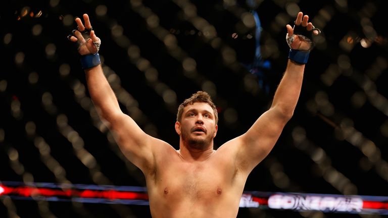 Matt Mitrione celebrates his tko victory over Gabriel Gonzaga (not pictured) in their heavyweight bout during the UFC Fight Night event at the at U.S. Airways Center on December 13, 2014 in Phoenix, Arizona.