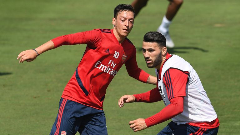 Mesut Ozil and Sead Kolasinac of Arsenal in action during the Arsenal Training Session on July 12, 2019 in Los Angeles, California.