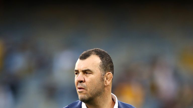  Wallabies coach Michael Cheika watches his team warm up during the 2019 Rugby Championship Test Match between the Australian Wallabies and the New Zealand All Blacks at Optus Stadium on August 10, 2019 in Perth, Australia