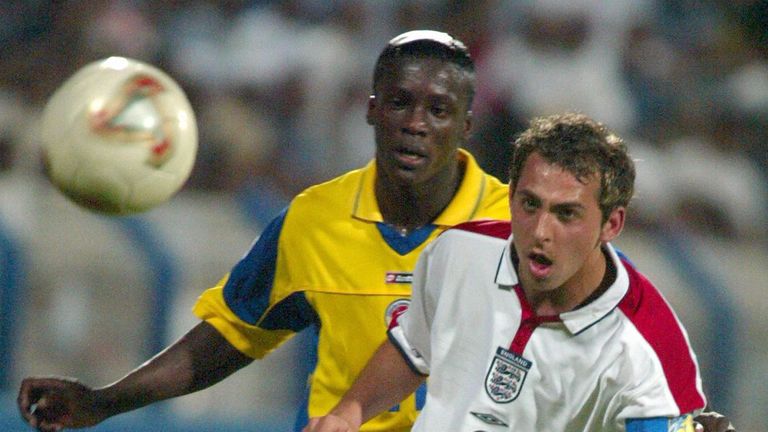England captain Michael Chopra (R) duels with Colombian Victor Montano (L) during their FIFA World Youth Championship Group D match in Dubai