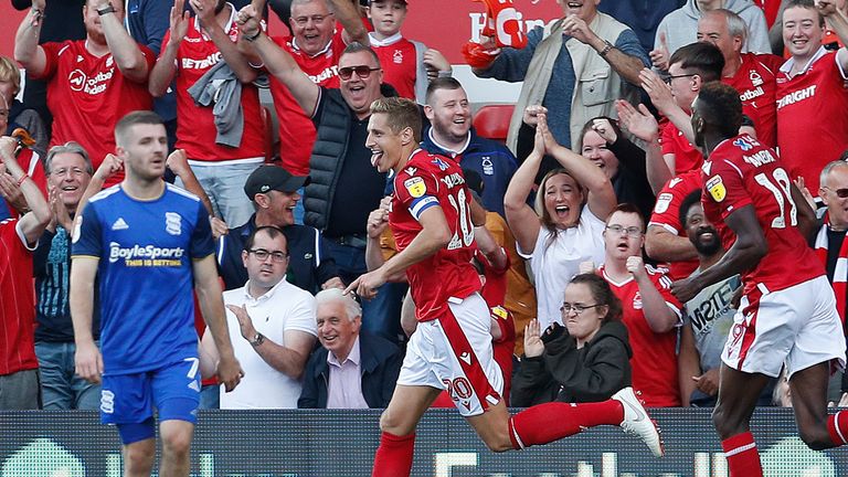 Nottingham Forest's Michael Dawson celebrates scoring his teams third goal against Birmingham City