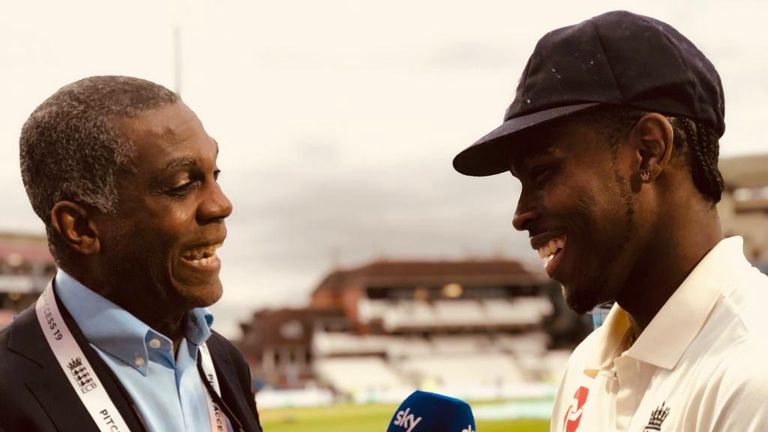 Michael Holding and Jofra Archer share a joke after day one of the third Ashes Test