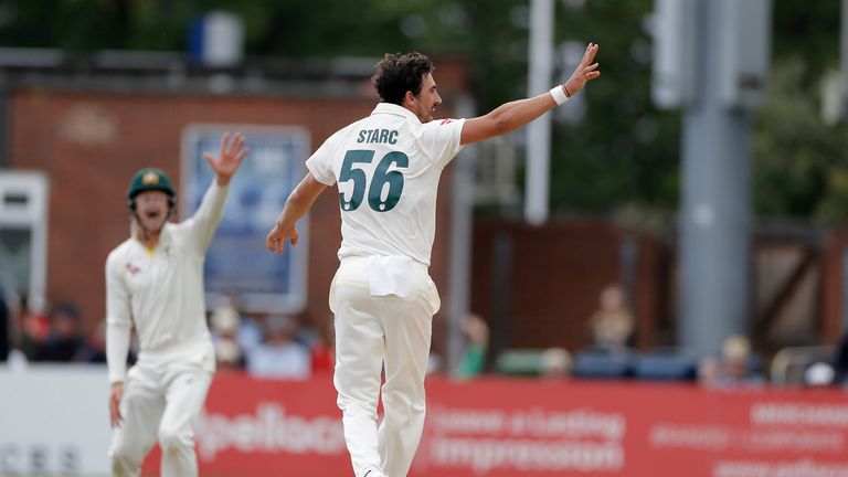 Australia seamer Mitchell Starc celebrates a wicket in the tour match at Derbyshire