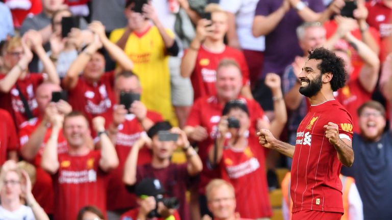Mohamed Salah celebrates his second goal in front of the Anfield crowd