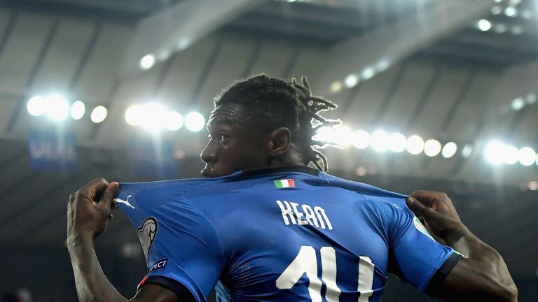Moise Kean celebrates his first goal for Italy.